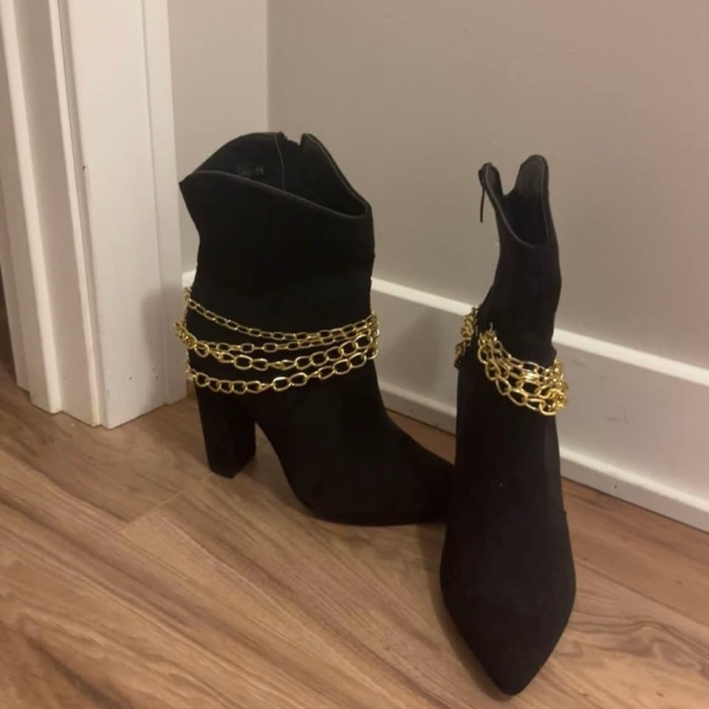 Black Suede Ankle Boots with Gold Chain Detail